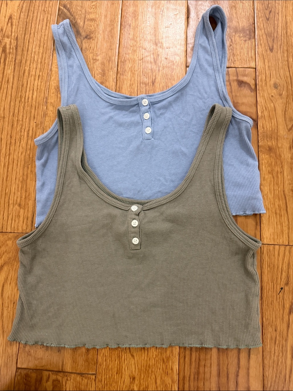 American Eagle Ribbed Henley Crop Tank Tops - Olive Green & Light Blue sz med